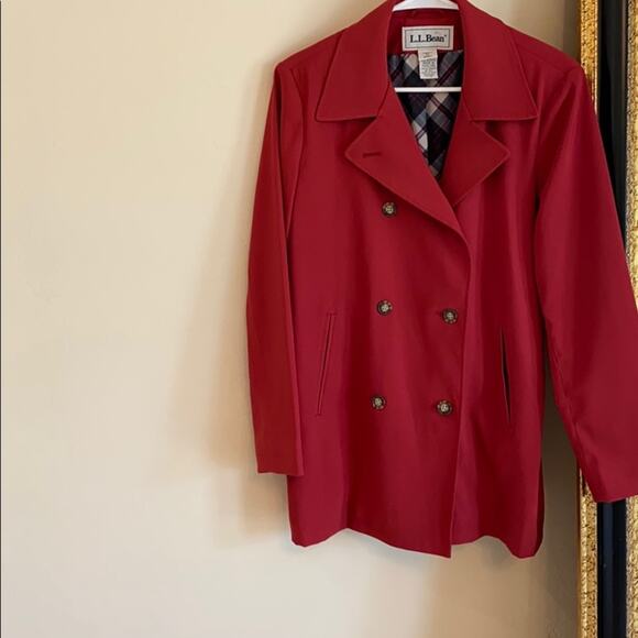 LL Bean red trench coat  jacket with plaid lining - Picture 2 of 14